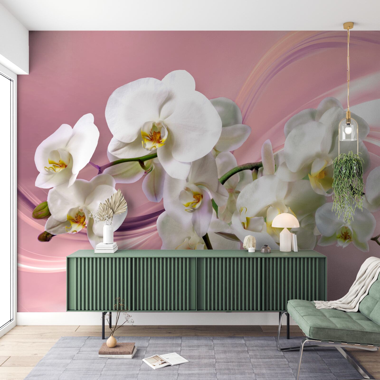Papier peint grandes orchidées blanches sur fond rose