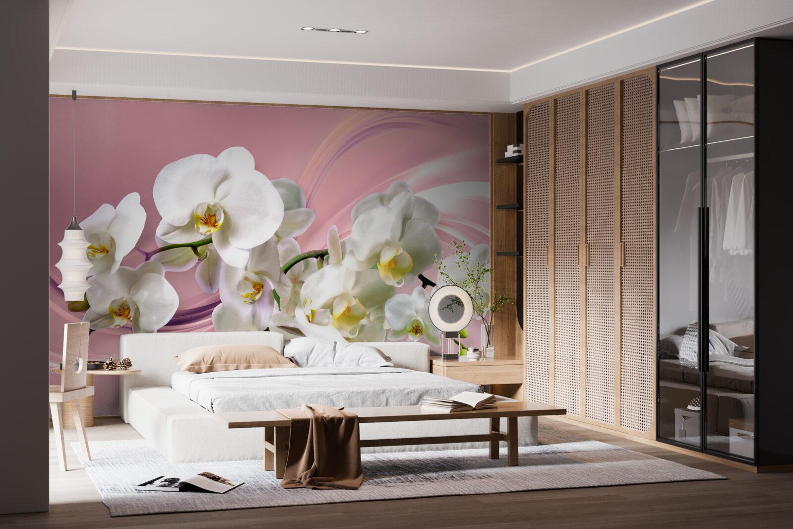 Papier peint grandes orchidées blanches sur fond rose