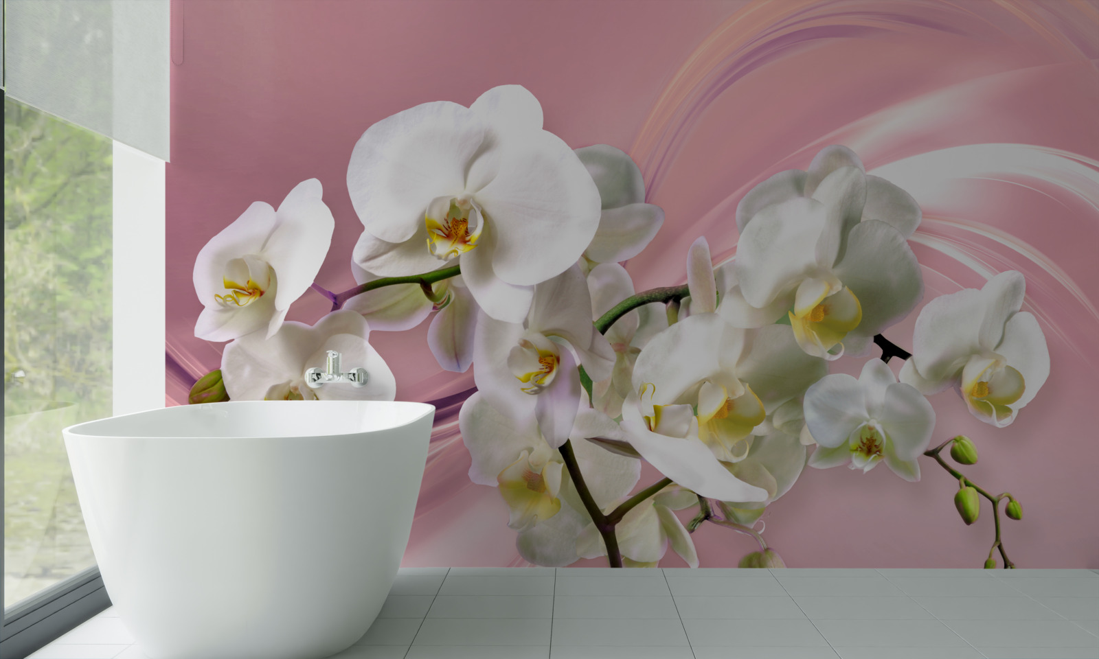 Papier peint grandes orchidées blanches sur fond rose