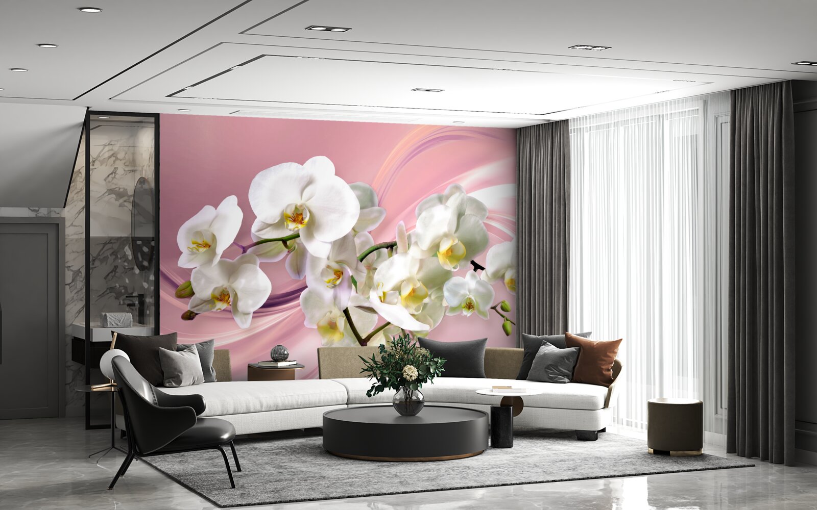 Papier peint grandes orchidées blanches sur fond rose