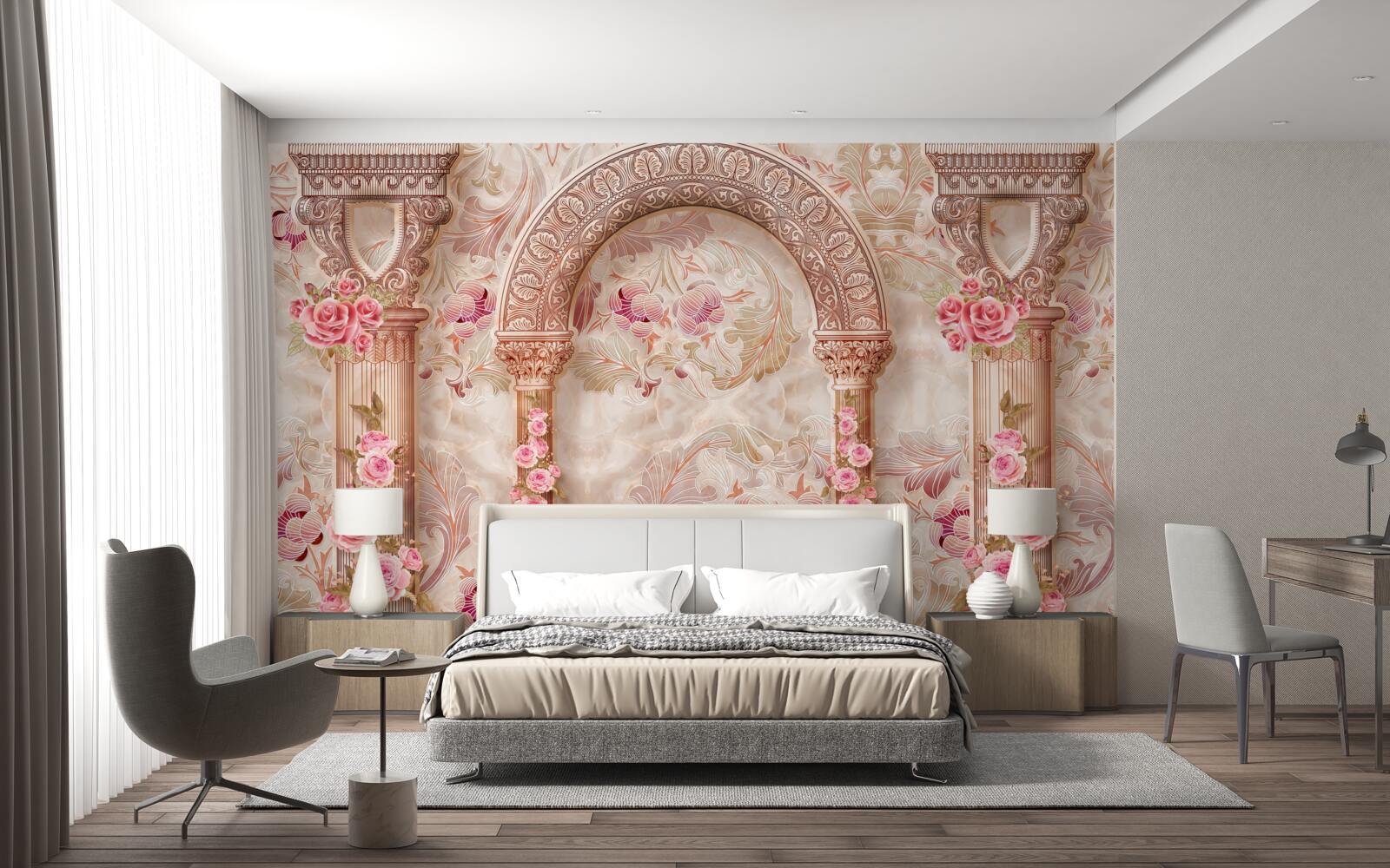 Papier peint Arche décorée de fleurs roses