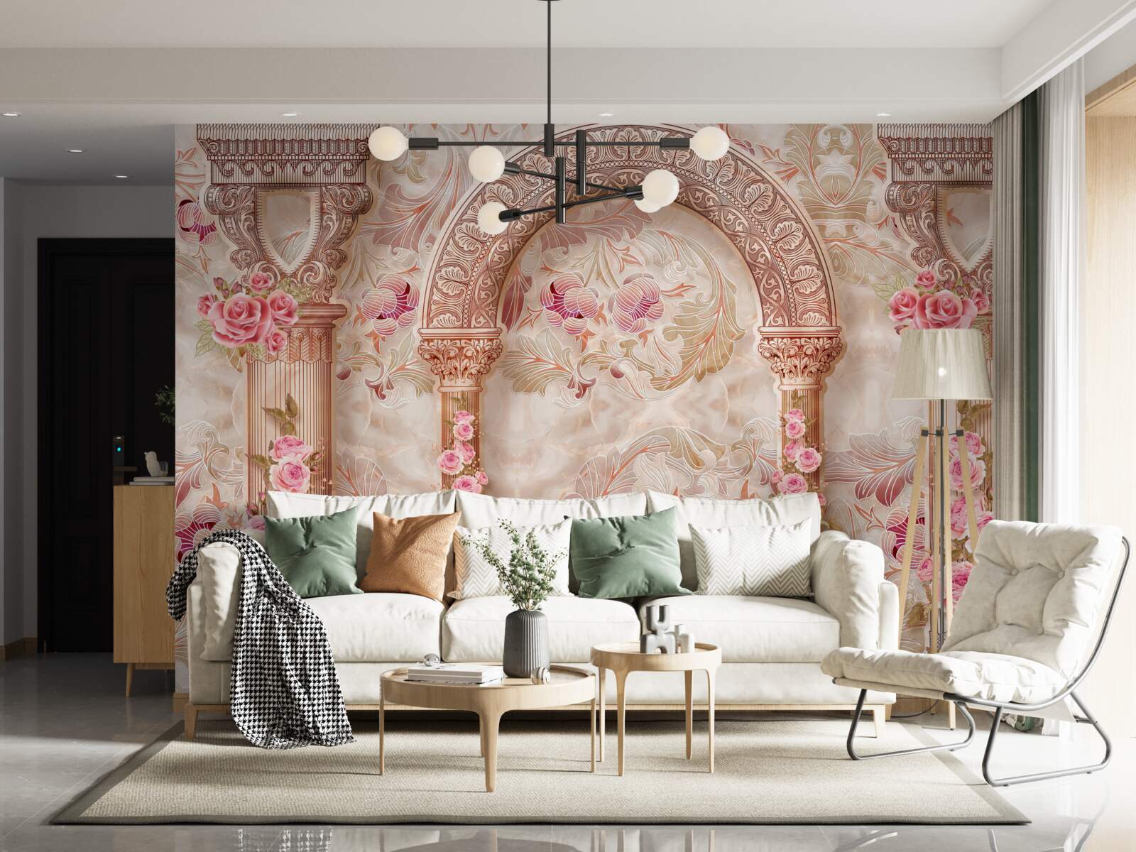 Papier peint Arche décorée de fleurs roses