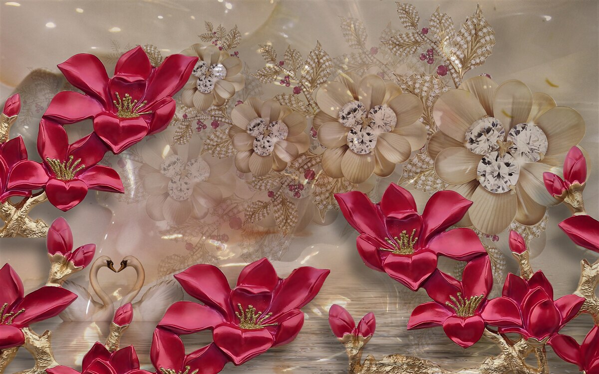 Papier peint les branches rouges sont décorées d'or et de perles