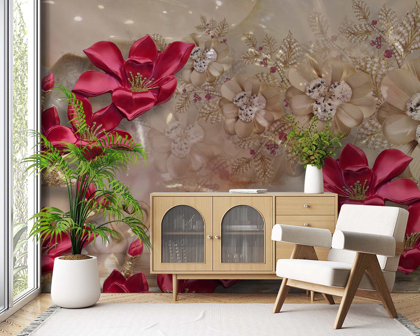 Papier peint les branches rouges sont décorées d'or et de perles