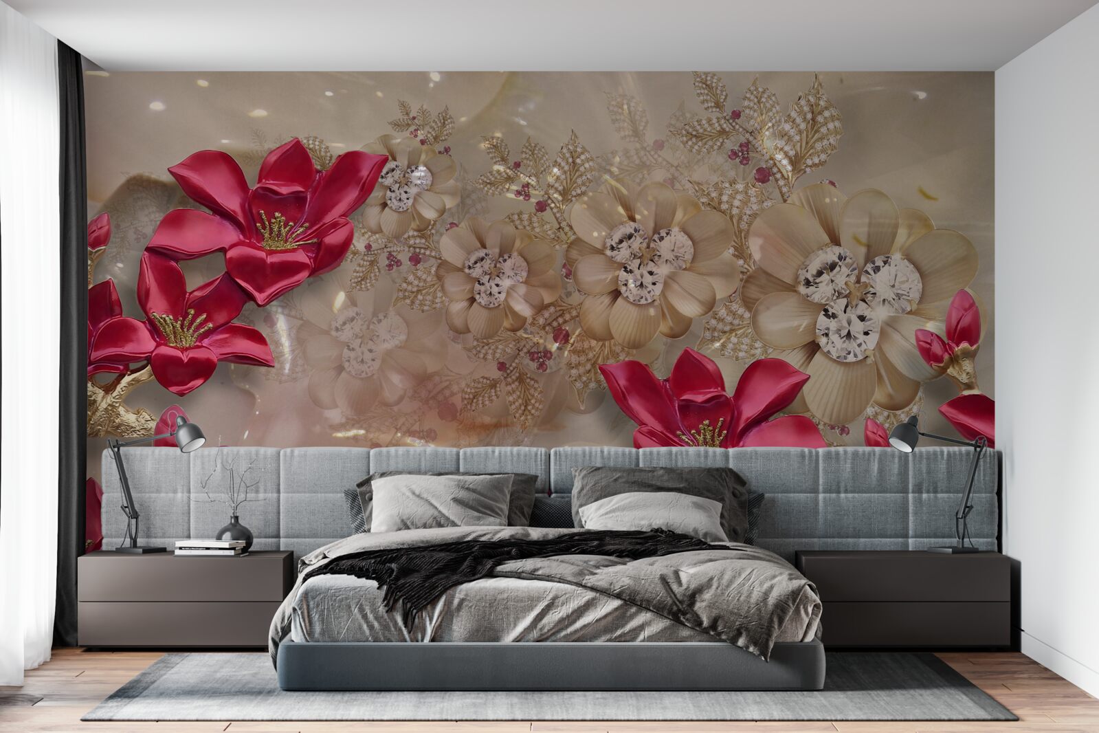 Papier peint les branches rouges sont décorées d'or et de perles