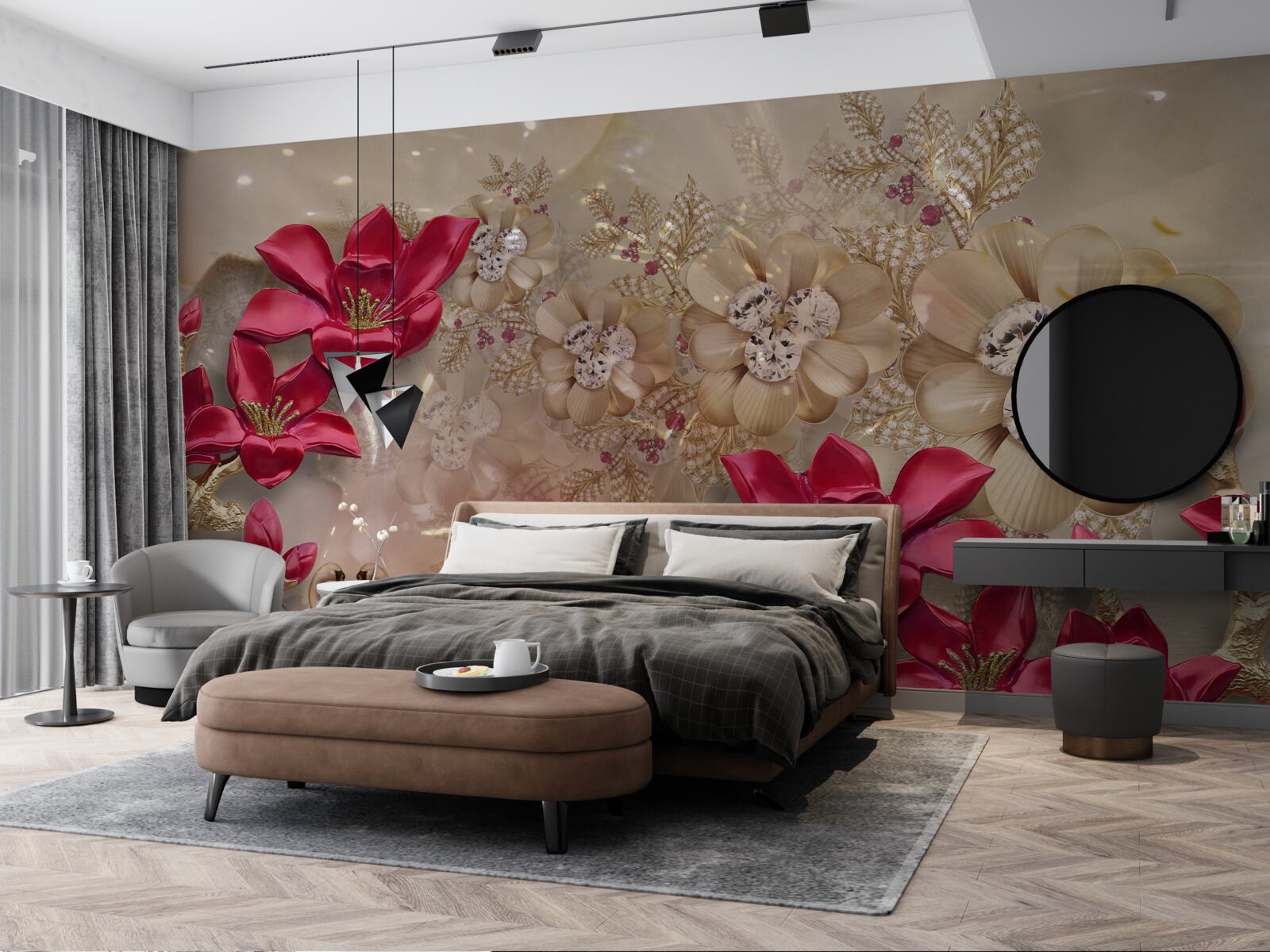 Papier peint les branches rouges sont décorées d'or et de perles