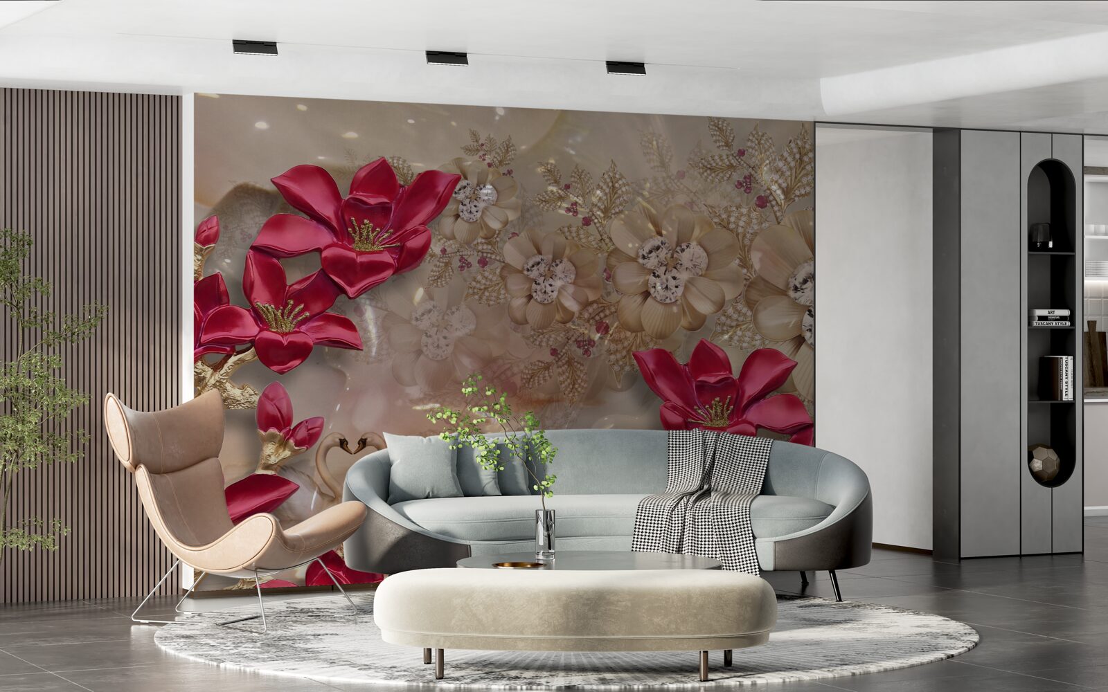 Papier peint les branches rouges sont décorées d'or et de perles