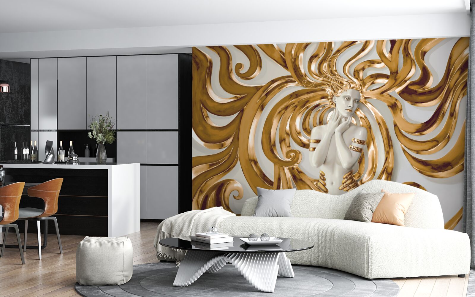 Papier peint lignes dorées et contour d'une fille