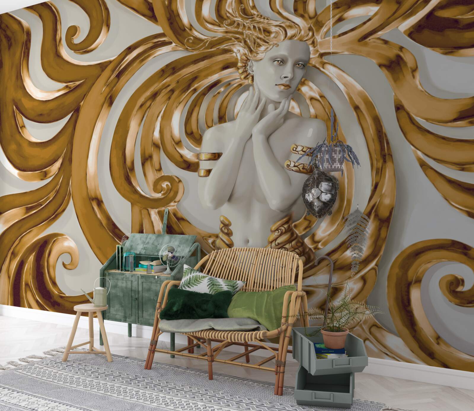 Papier peint lignes dorées et contour d'une fille