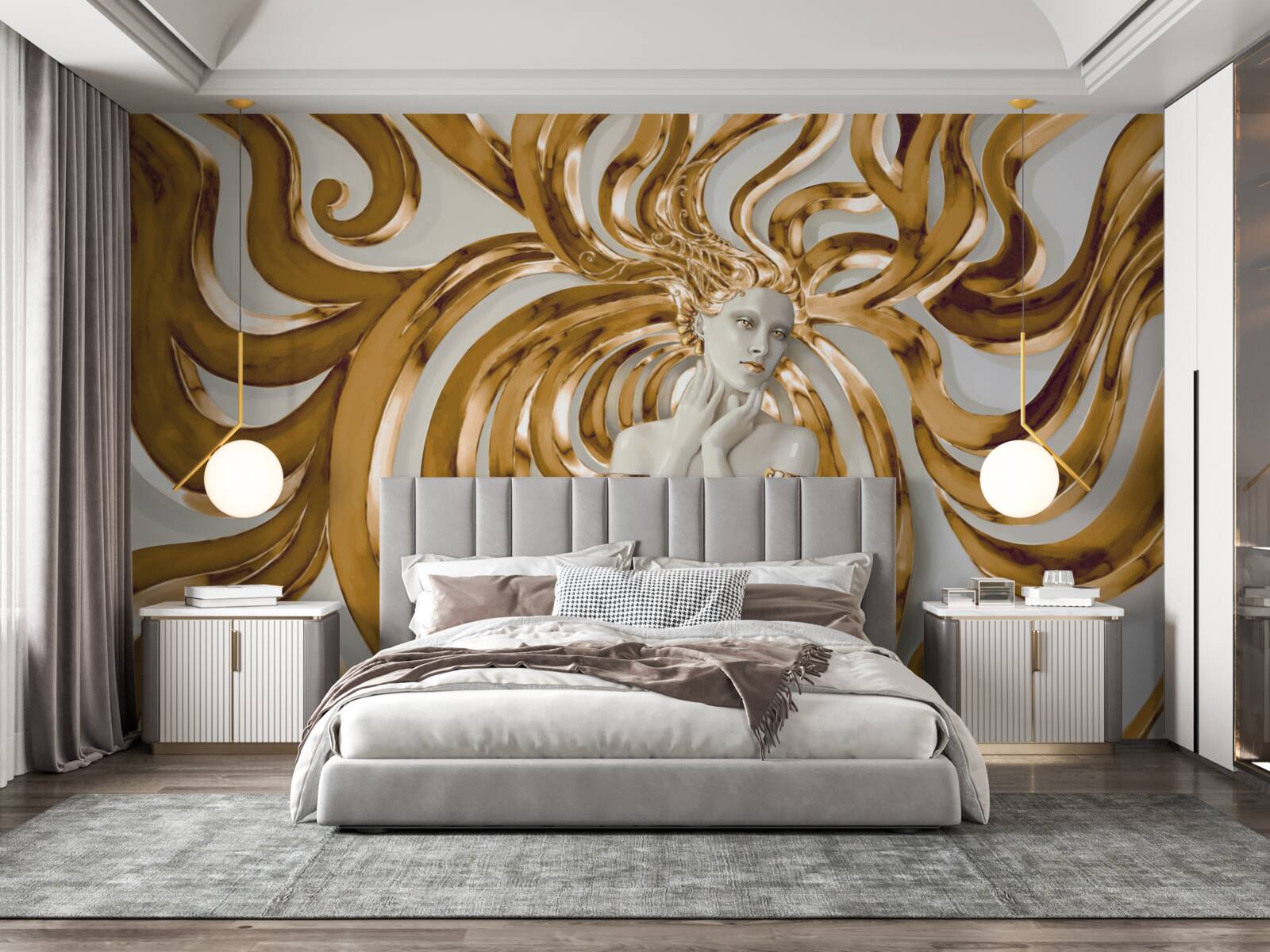 Papier peint lignes dorées et contour d'une fille