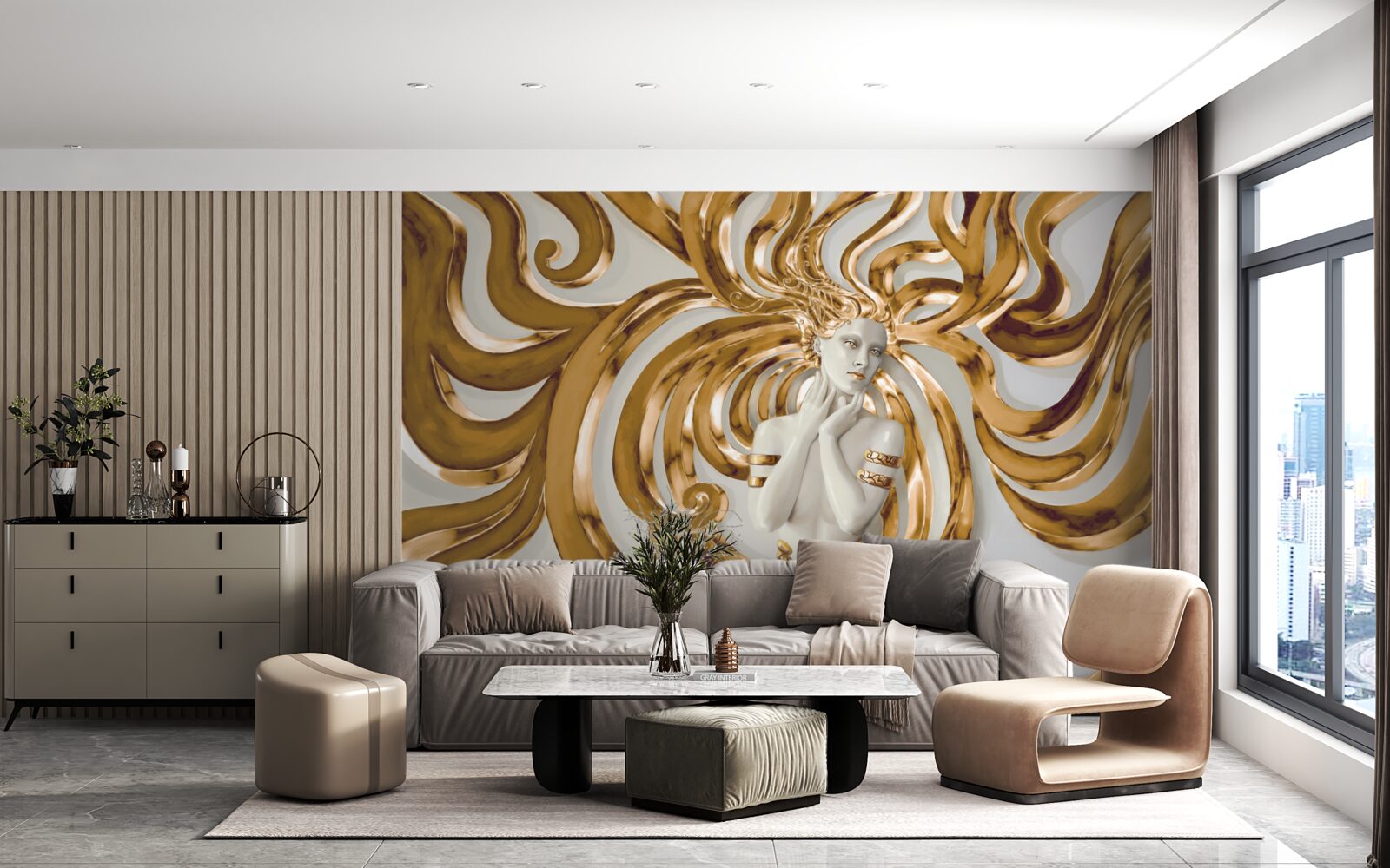 Papier peint lignes dorées et contour d'une fille