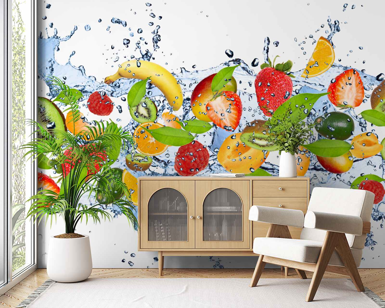 Papier peint des éclaboussures d'eau entourant les fruits et les baies