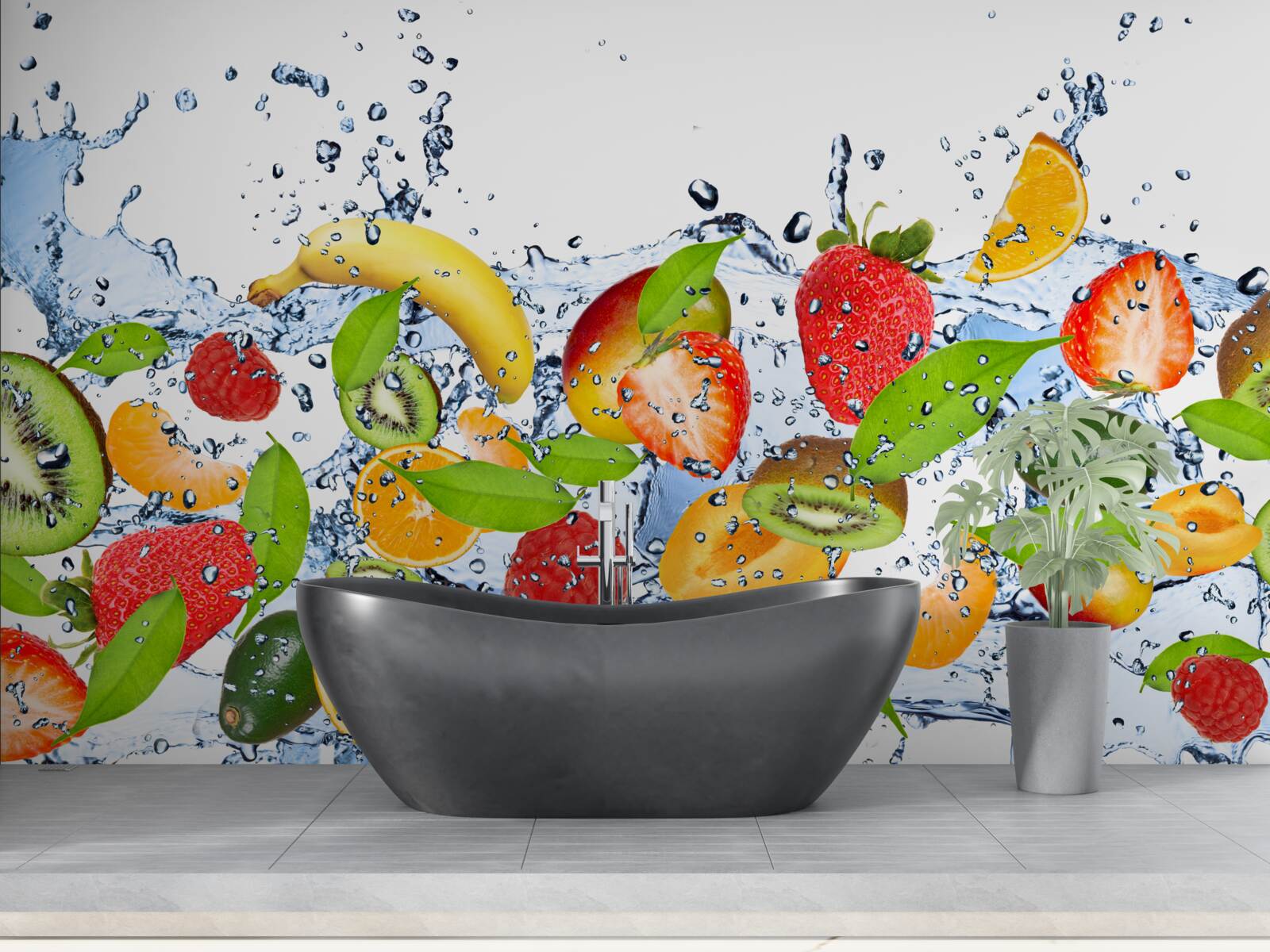 Papier peint des éclaboussures d'eau entourant les fruits et les baies