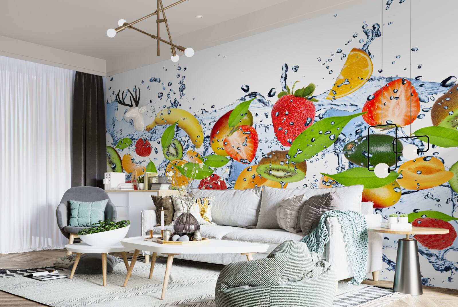 Papier peint des éclaboussures d'eau entourant les fruits et les baies