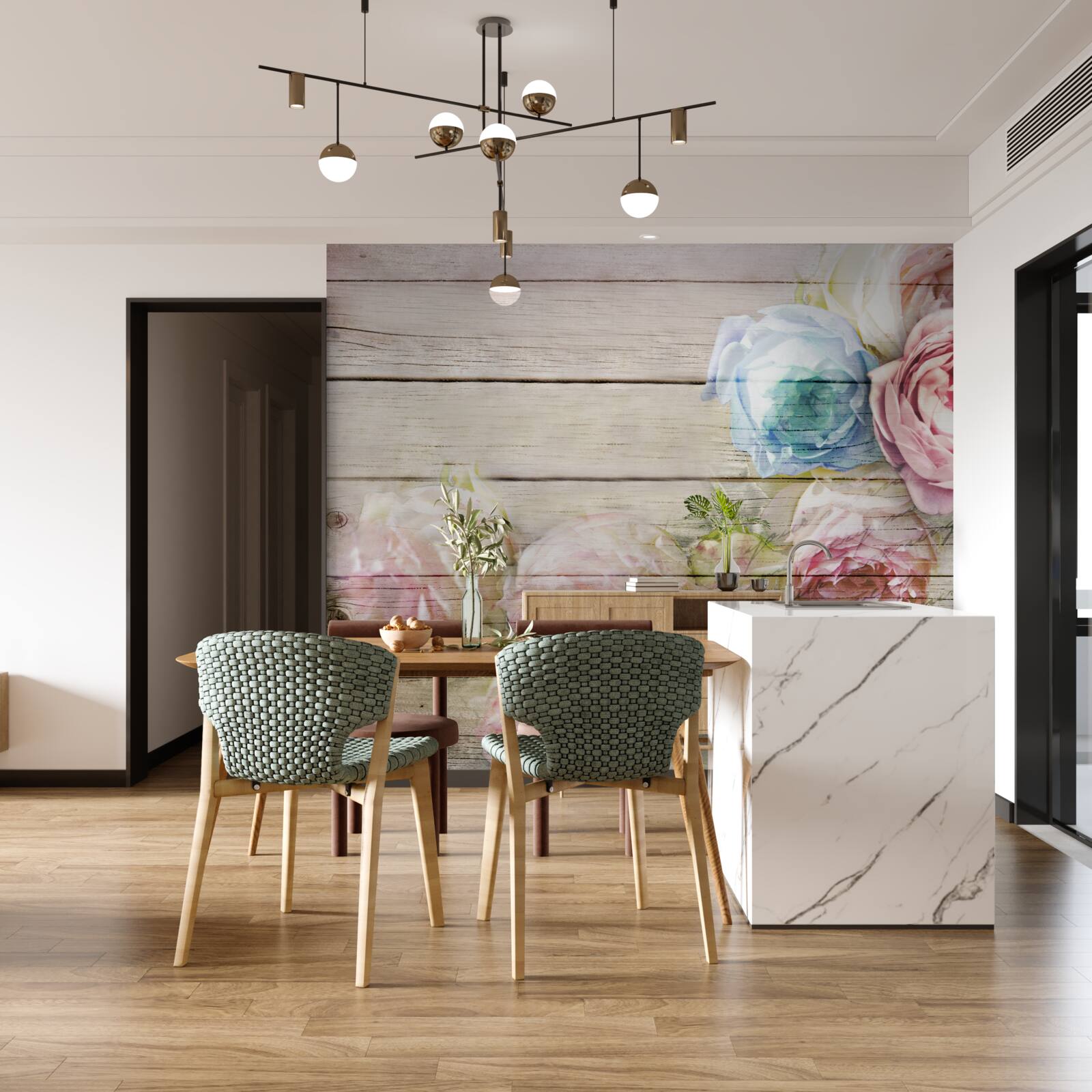 Papier peint ensemble de roses semblables à des pivoines