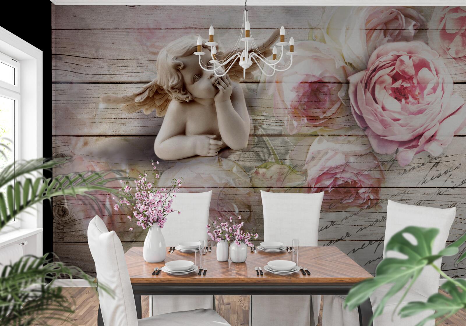 Papier peint ange réfléchissant et boutons de roses écarlates