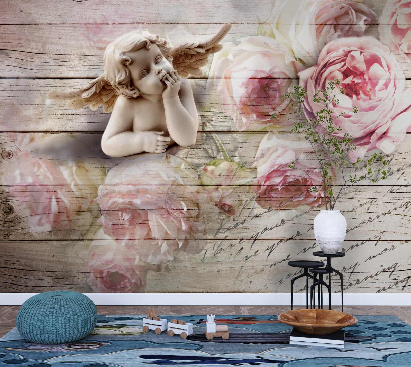 Papier peint ange réfléchissant et boutons de roses écarlates