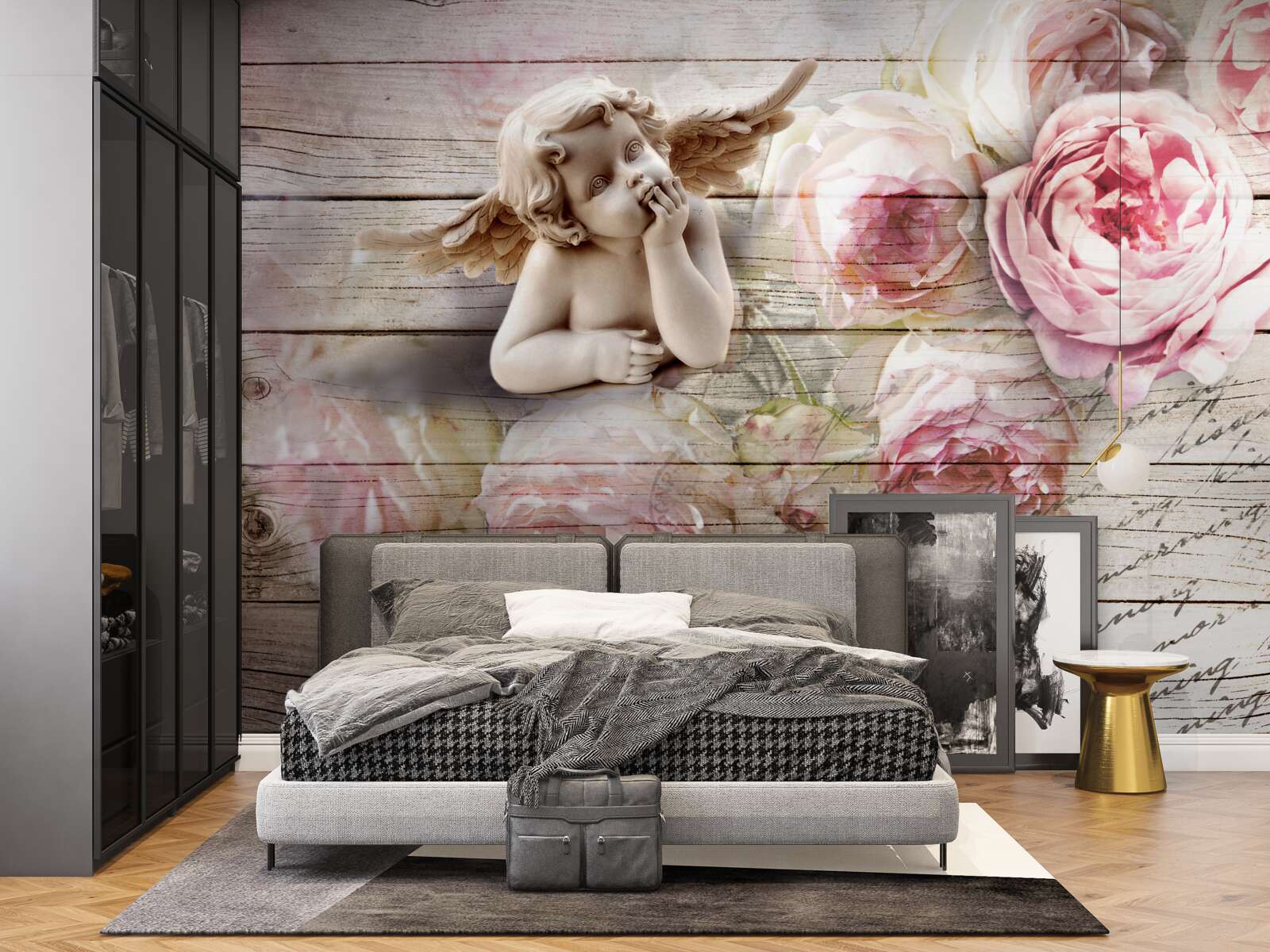 Papier peint ange réfléchissant et boutons de roses écarlates