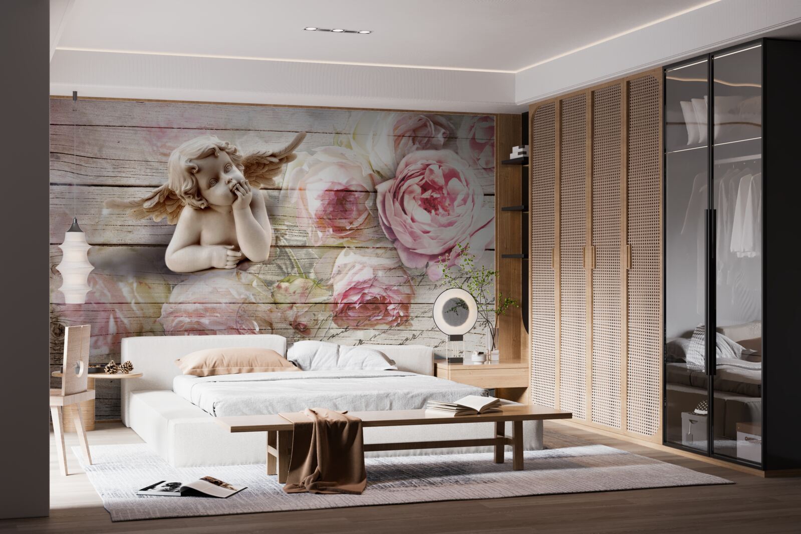 Papier peint ange réfléchissant et boutons de roses écarlates