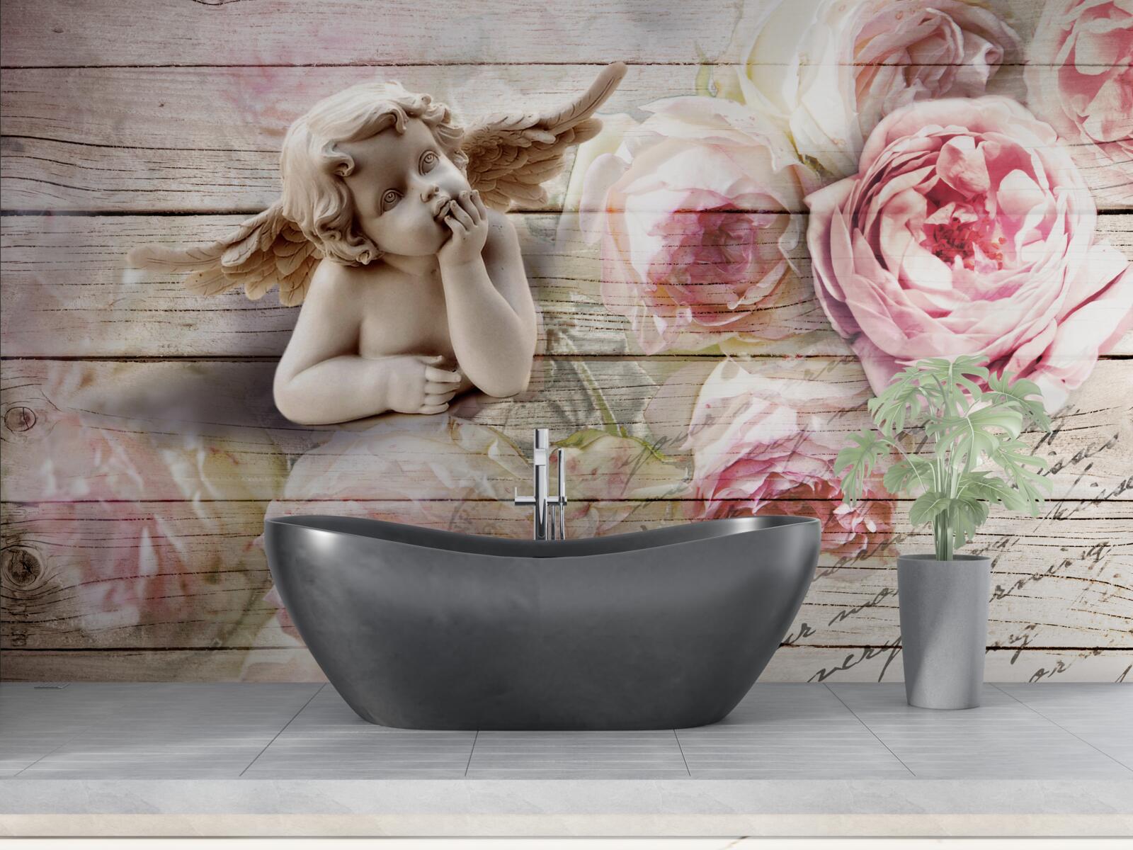 Papier peint ange réfléchissant et boutons de roses écarlates