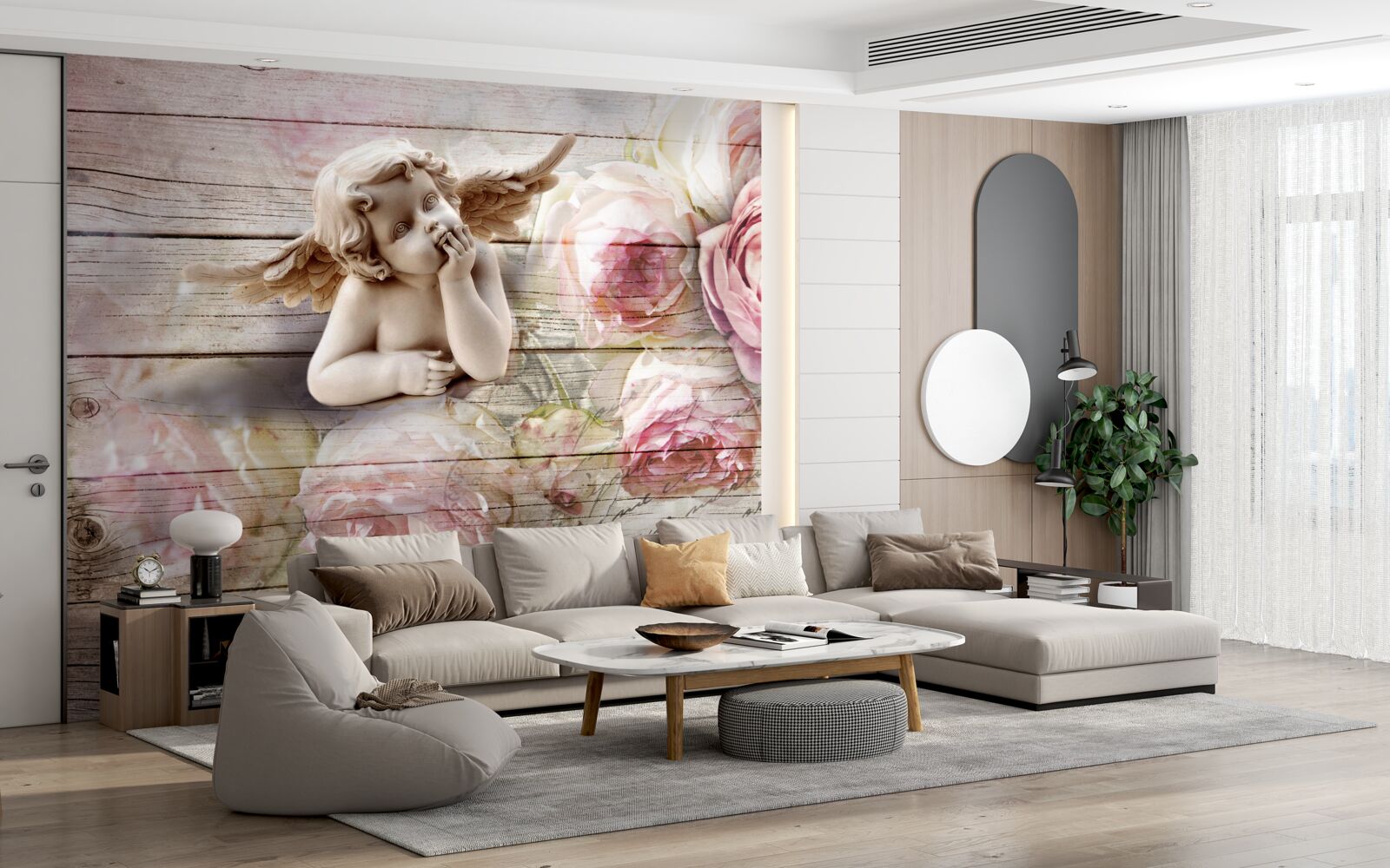 Papier peint ange réfléchissant et boutons de roses écarlates