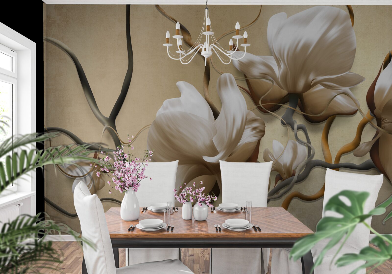 Papier peint branches élégantes décorées de fleurs blanches