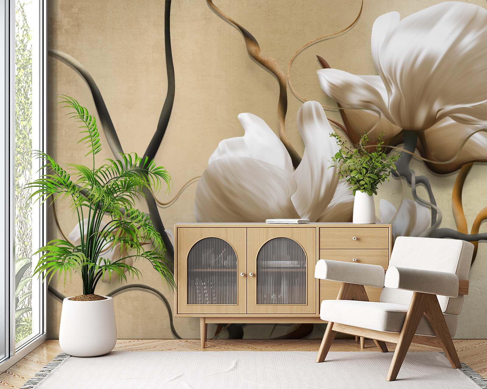 Papier peint branches élégantes décorées de fleurs blanches