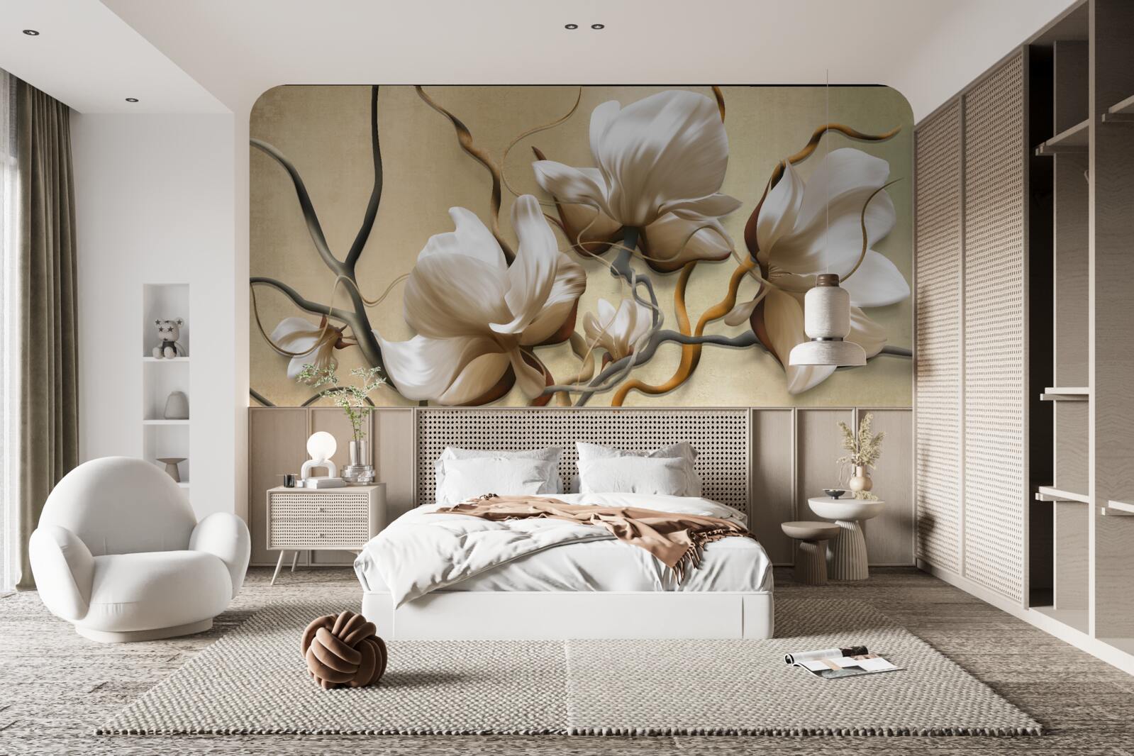 Papier peint branches élégantes décorées de fleurs blanches