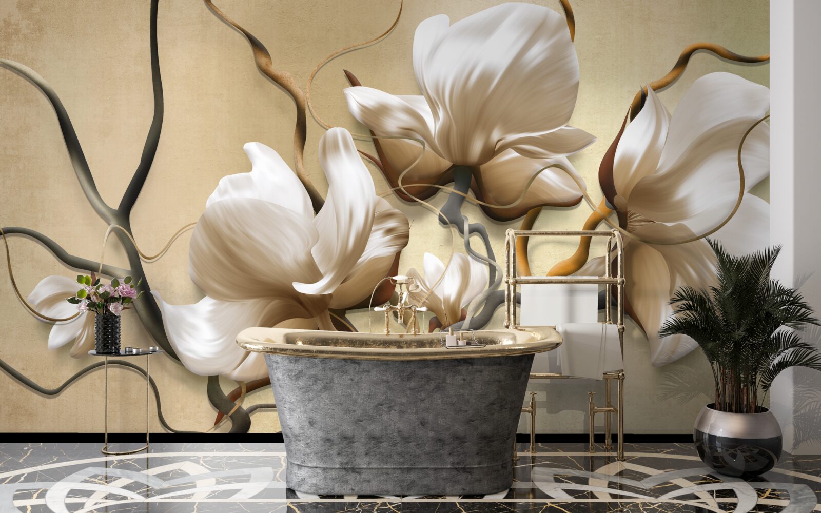 Papier peint branches élégantes décorées de fleurs blanches