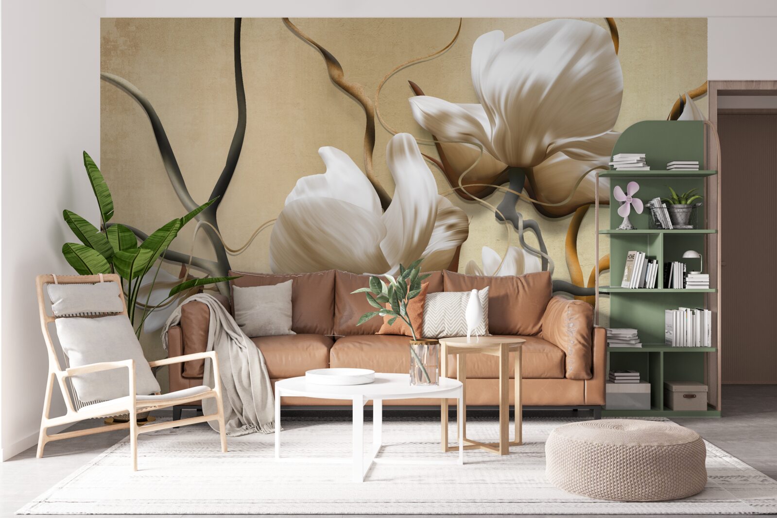 Papier peint branches élégantes décorées de fleurs blanches