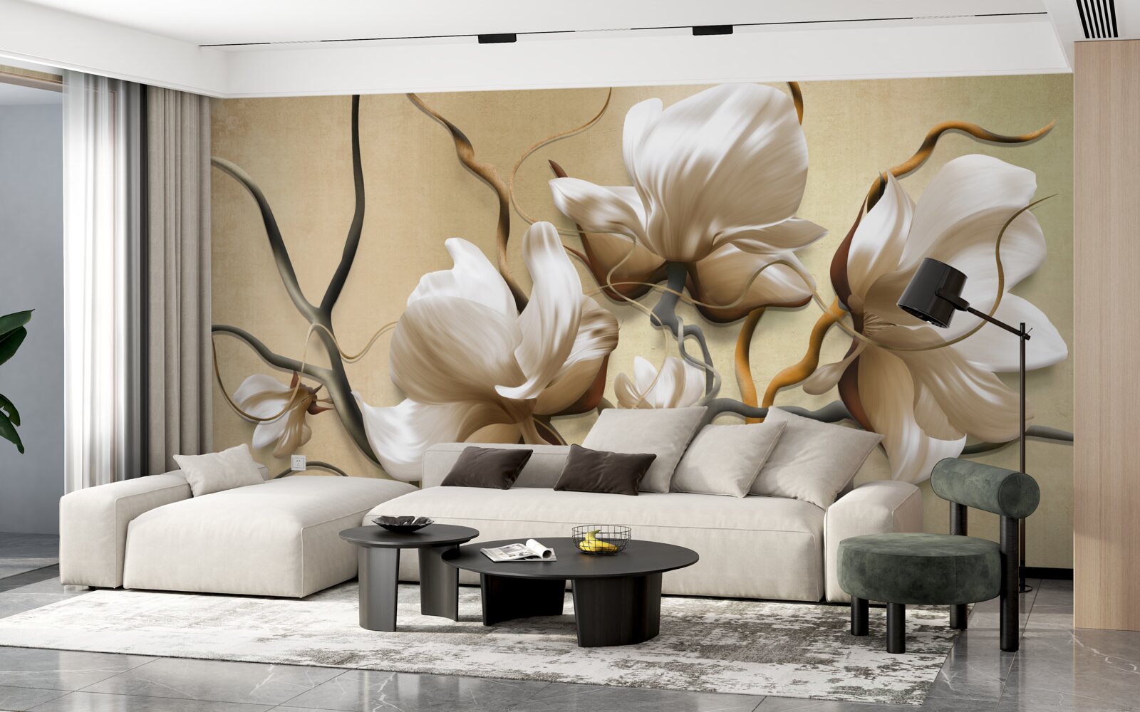 Papier peint branches élégantes décorées de fleurs blanches