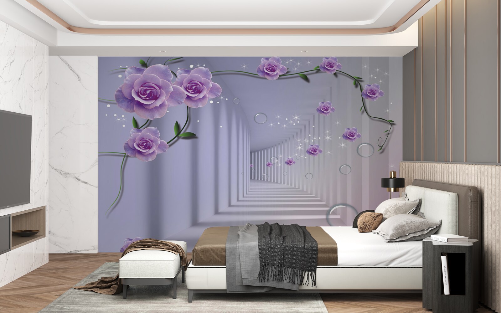 Papier peint de délicats boutons de fleurs bleues s'épanouissent dans le tunnel