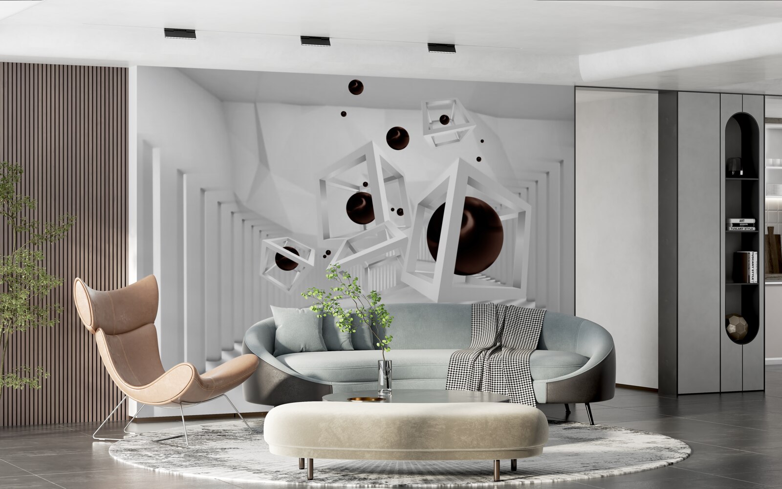 Papier peint grandes sphères noires entourées de cadres blancs