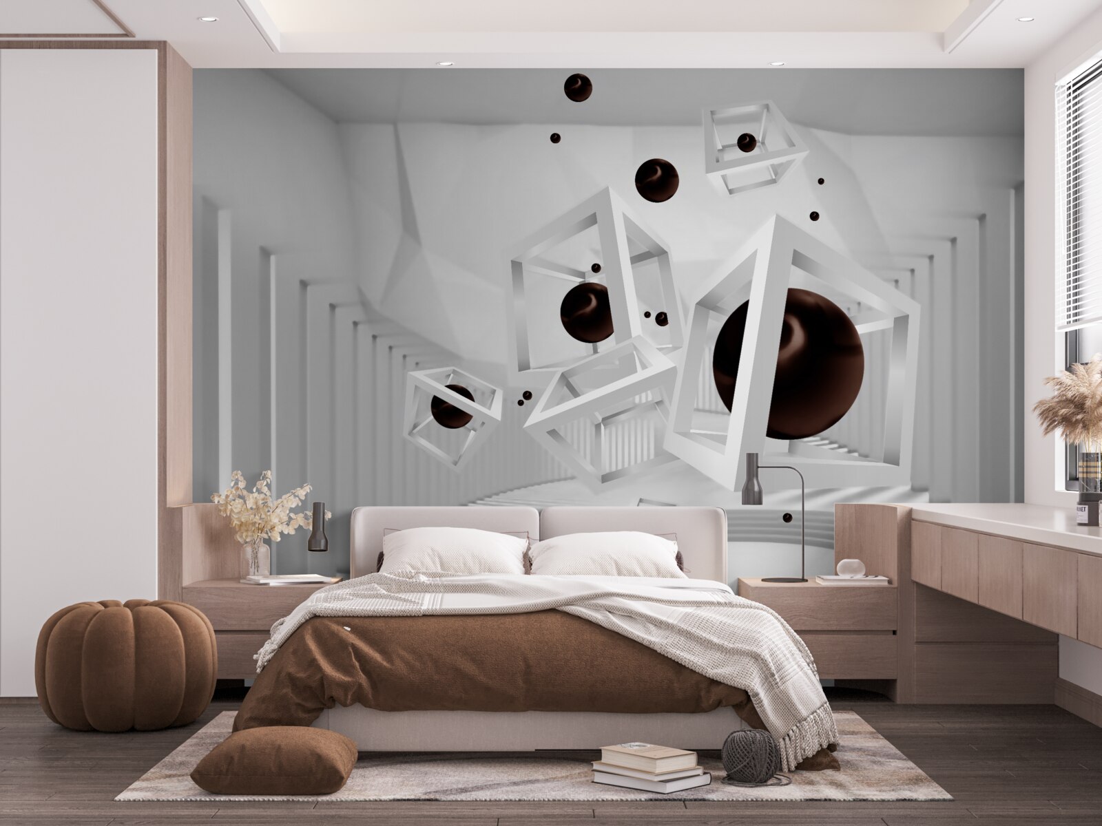 Papier peint grandes sphères noires entourées de cadres blancs