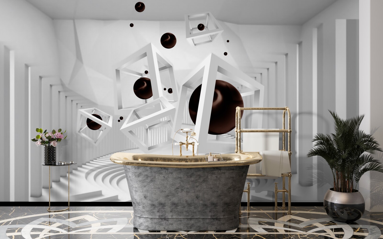 Papier peint grandes sphères noires entourées de cadres blancs