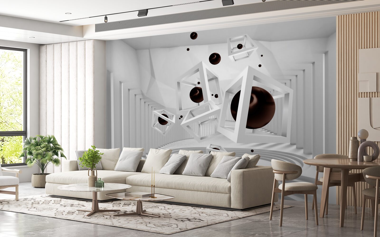 Papier peint grandes sphères noires entourées de cadres blancs