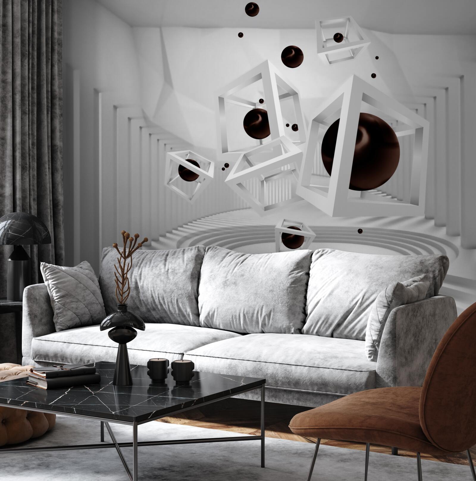 Papier peint grandes sphères noires entourées de cadres blancs