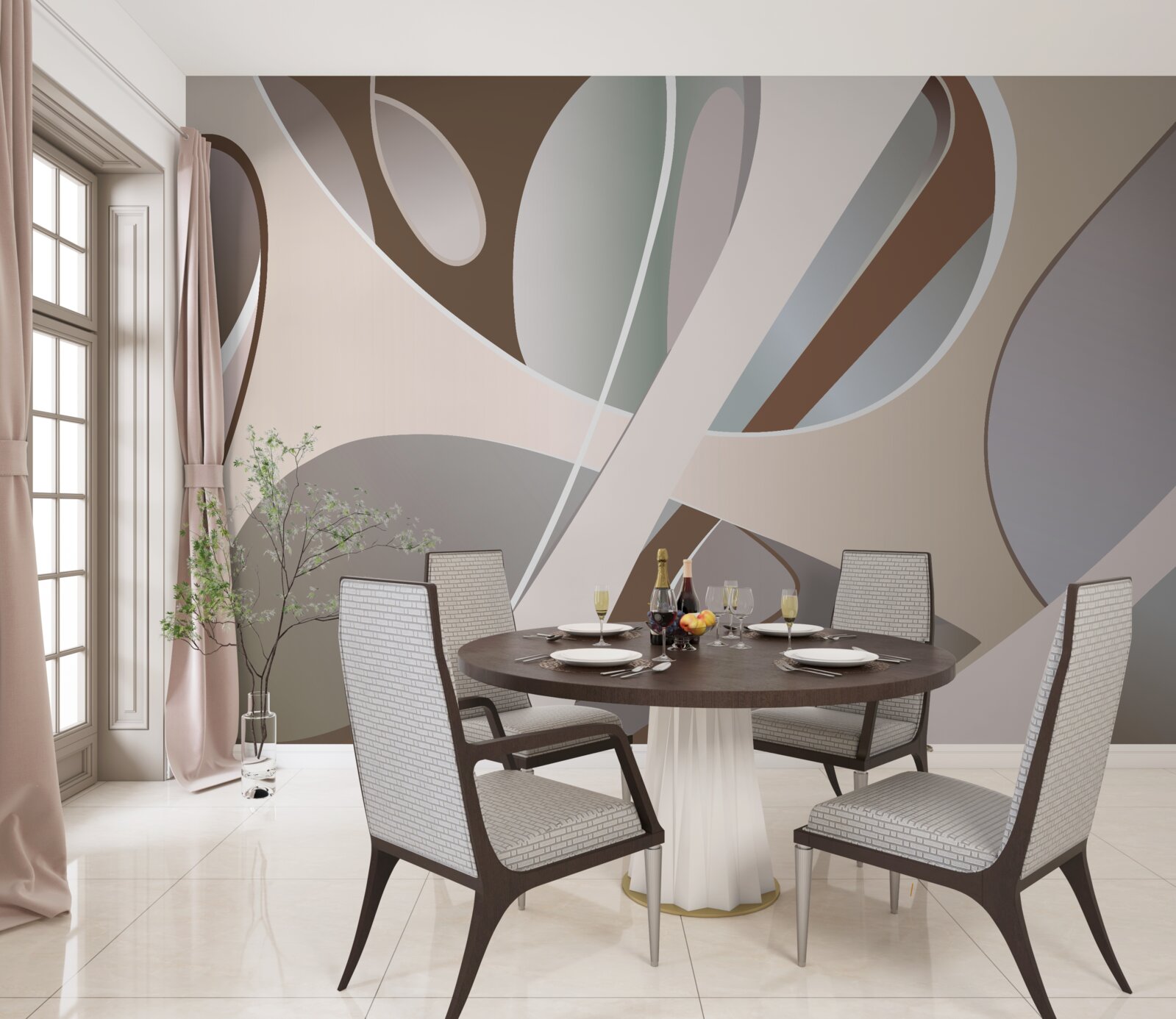 Papier peint courbes abstraites en beige