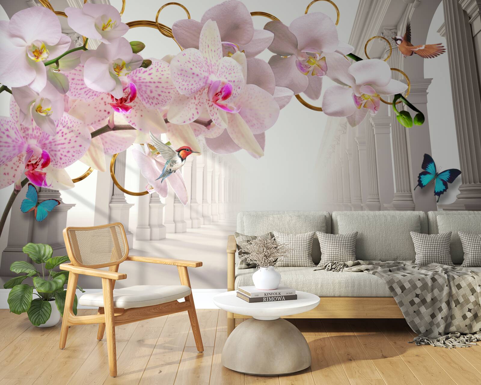 Papier peint les arches blanches sont décorées d'orchidées et de papillons