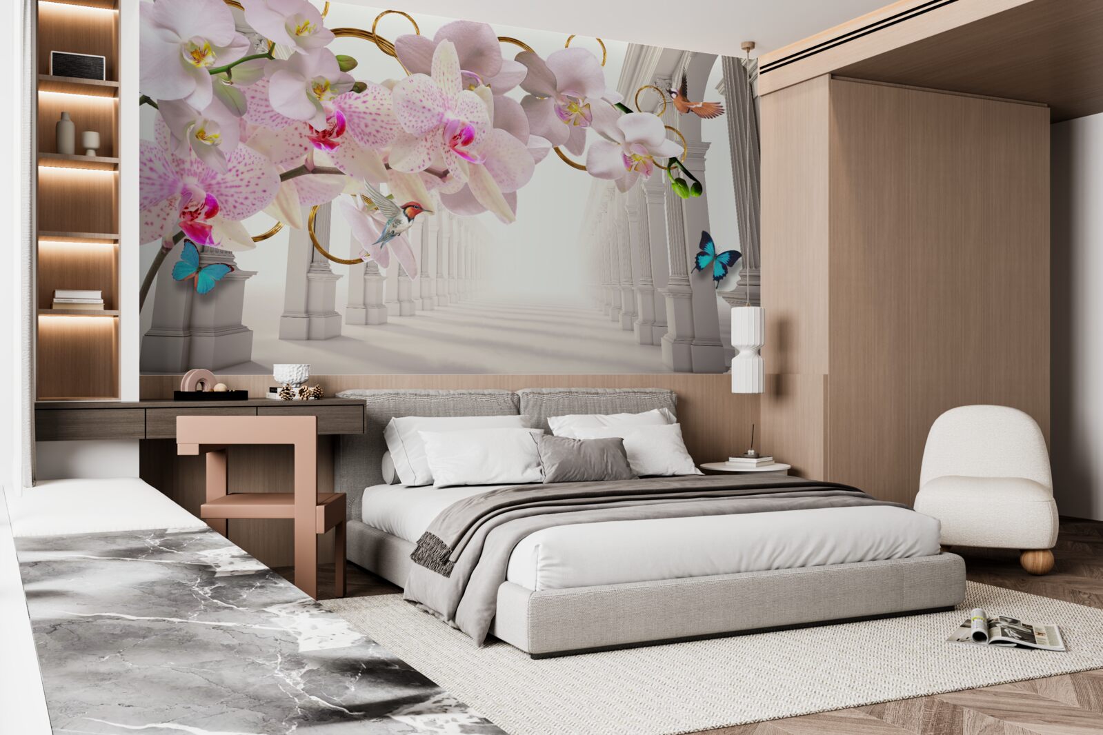 Papier peint les arches blanches sont décorées d'orchidées et de papillons