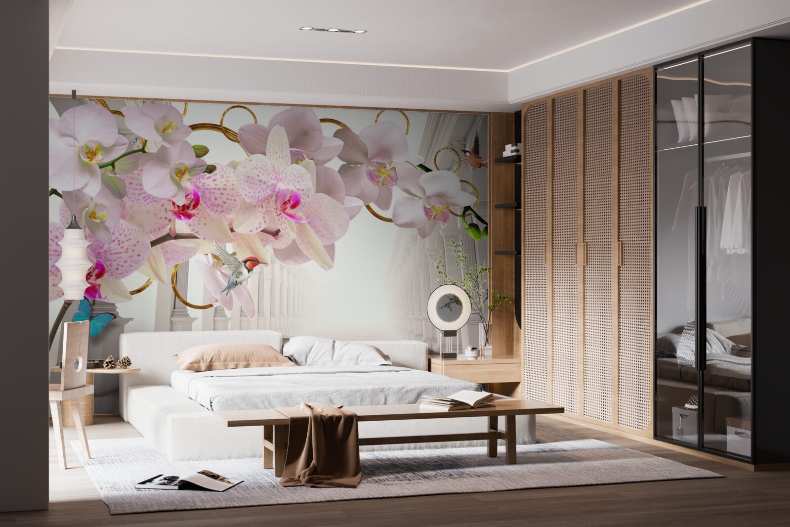 Papier peint les arches blanches sont décorées d'orchidées et de papillons