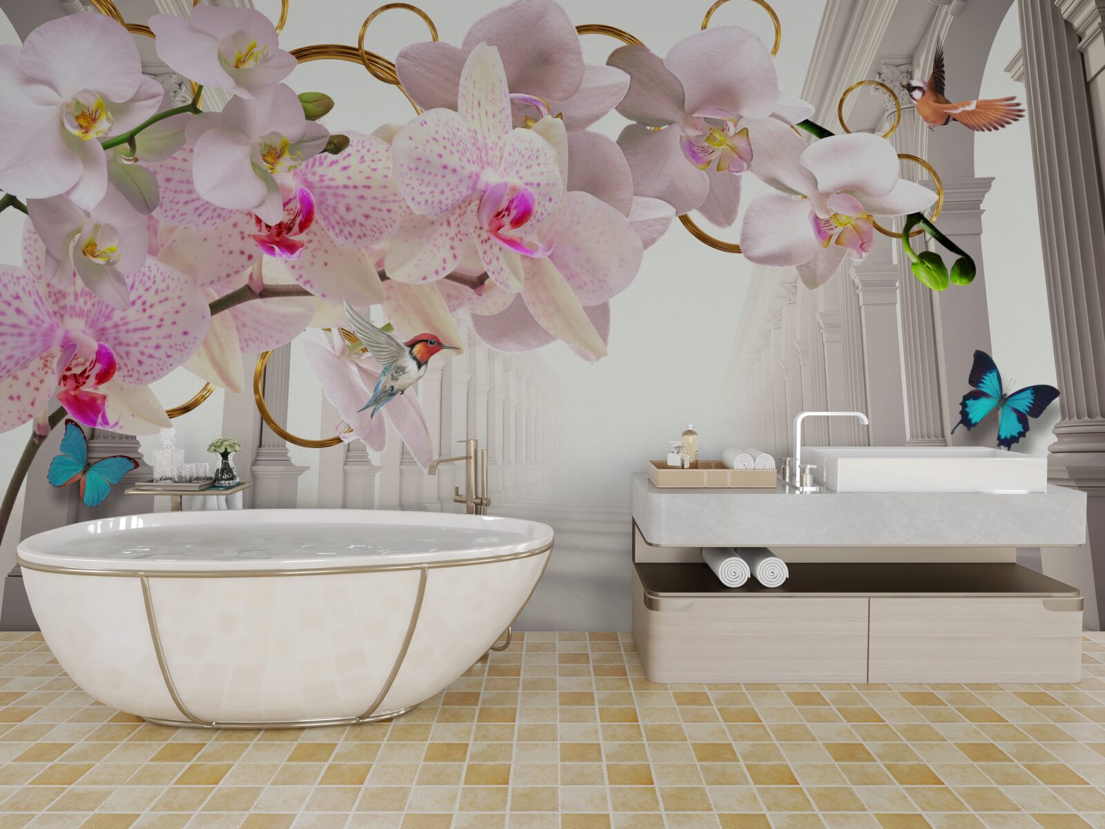 Papier peint les arches blanches sont décorées d'orchidées et de papillons