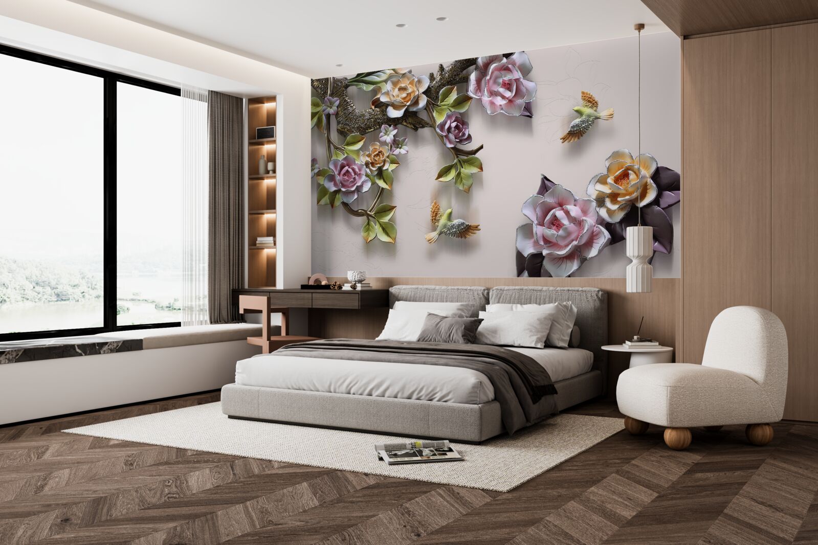 Papier peint charmante harmonie de branches décorées de fleurs