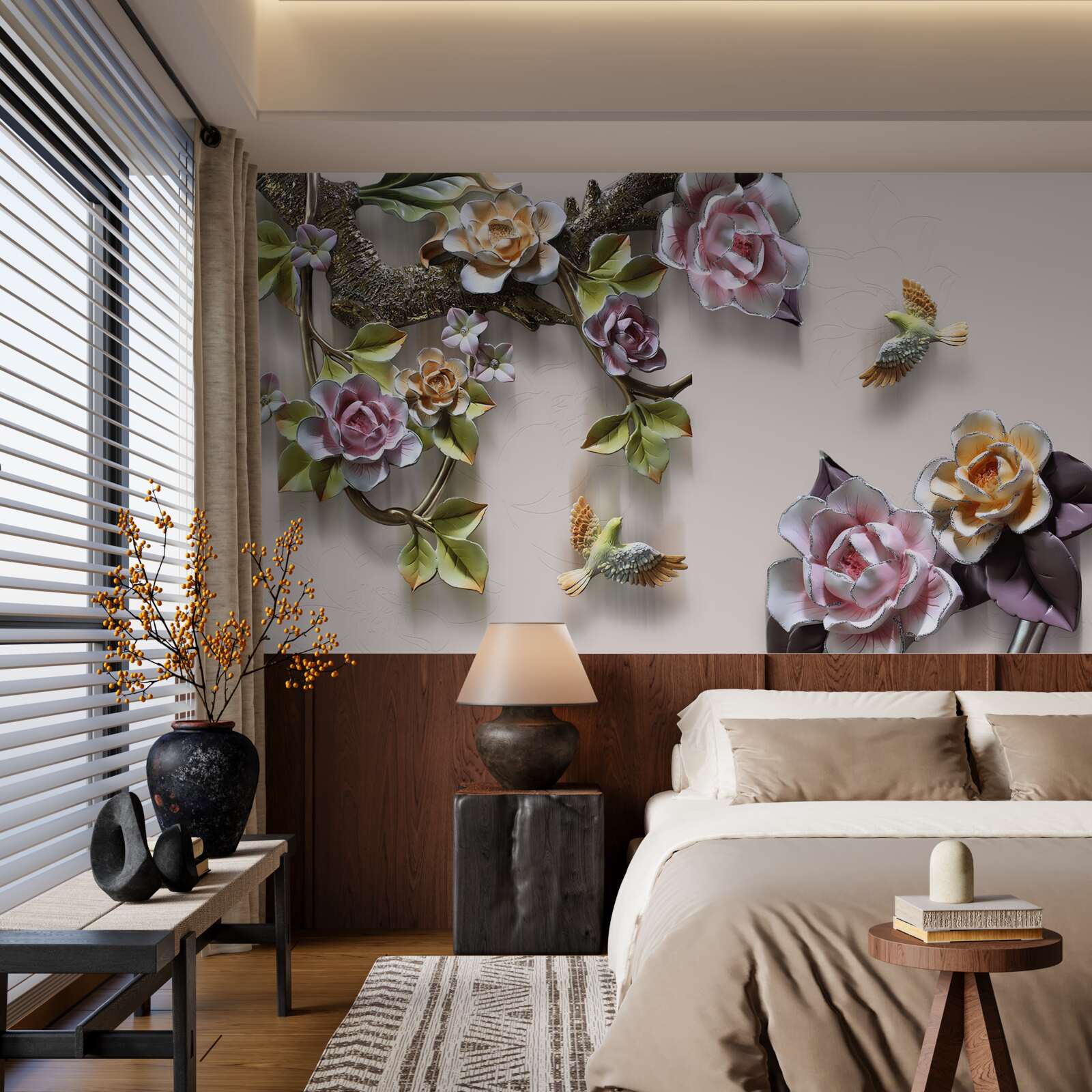 Papier peint charmante harmonie de branches décorées de fleurs