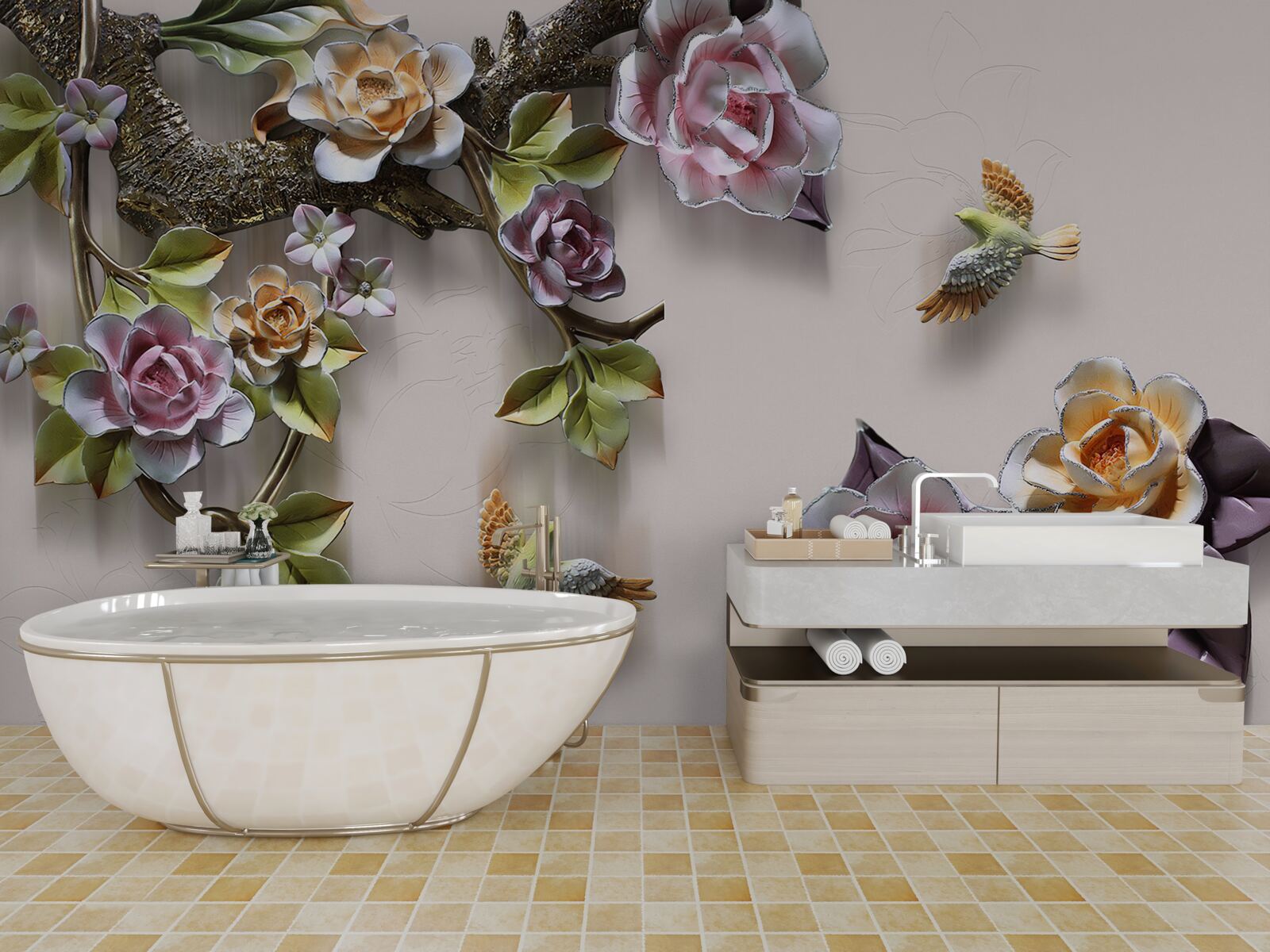 Papier peint charmante harmonie de branches décorées de fleurs