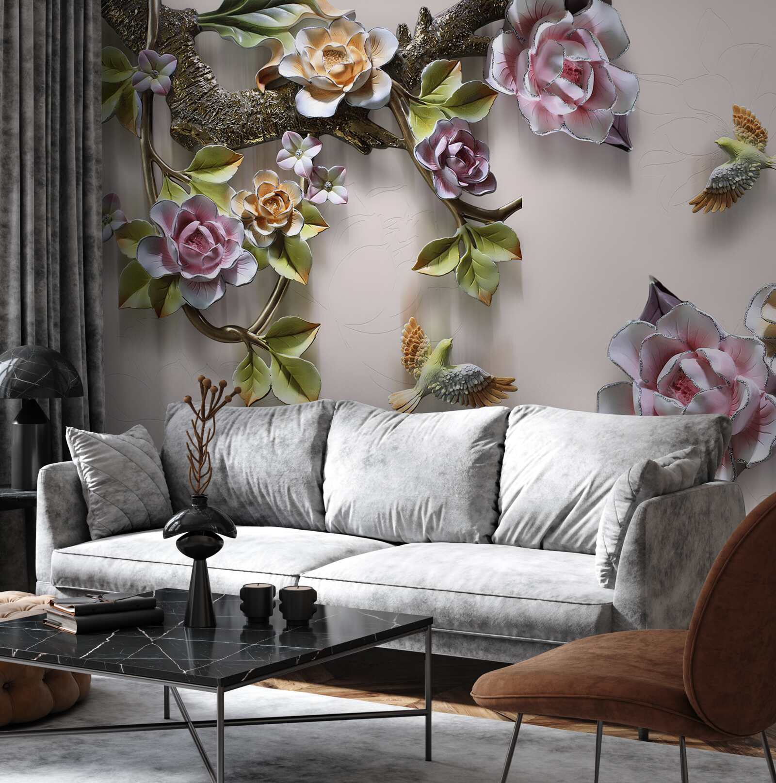 Papier peint charmante harmonie de branches décorées de fleurs