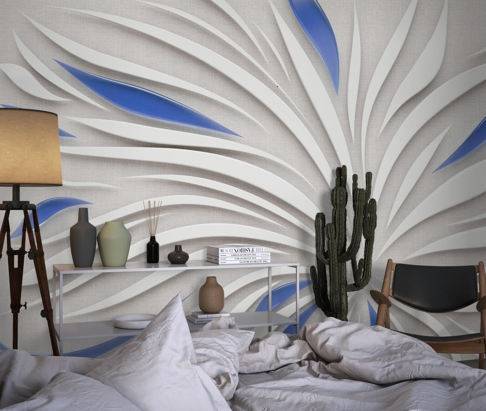 Papier peint fleur blanche abstraite avec pétales bleus