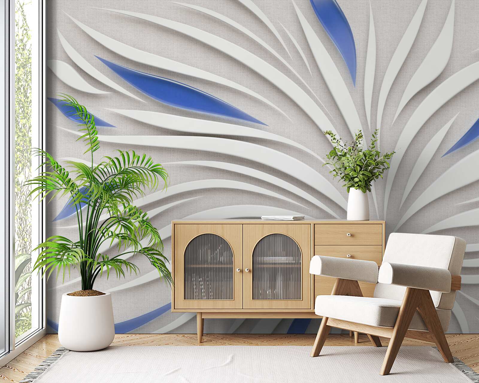 Papier peint fleur blanche abstraite avec pétales bleus