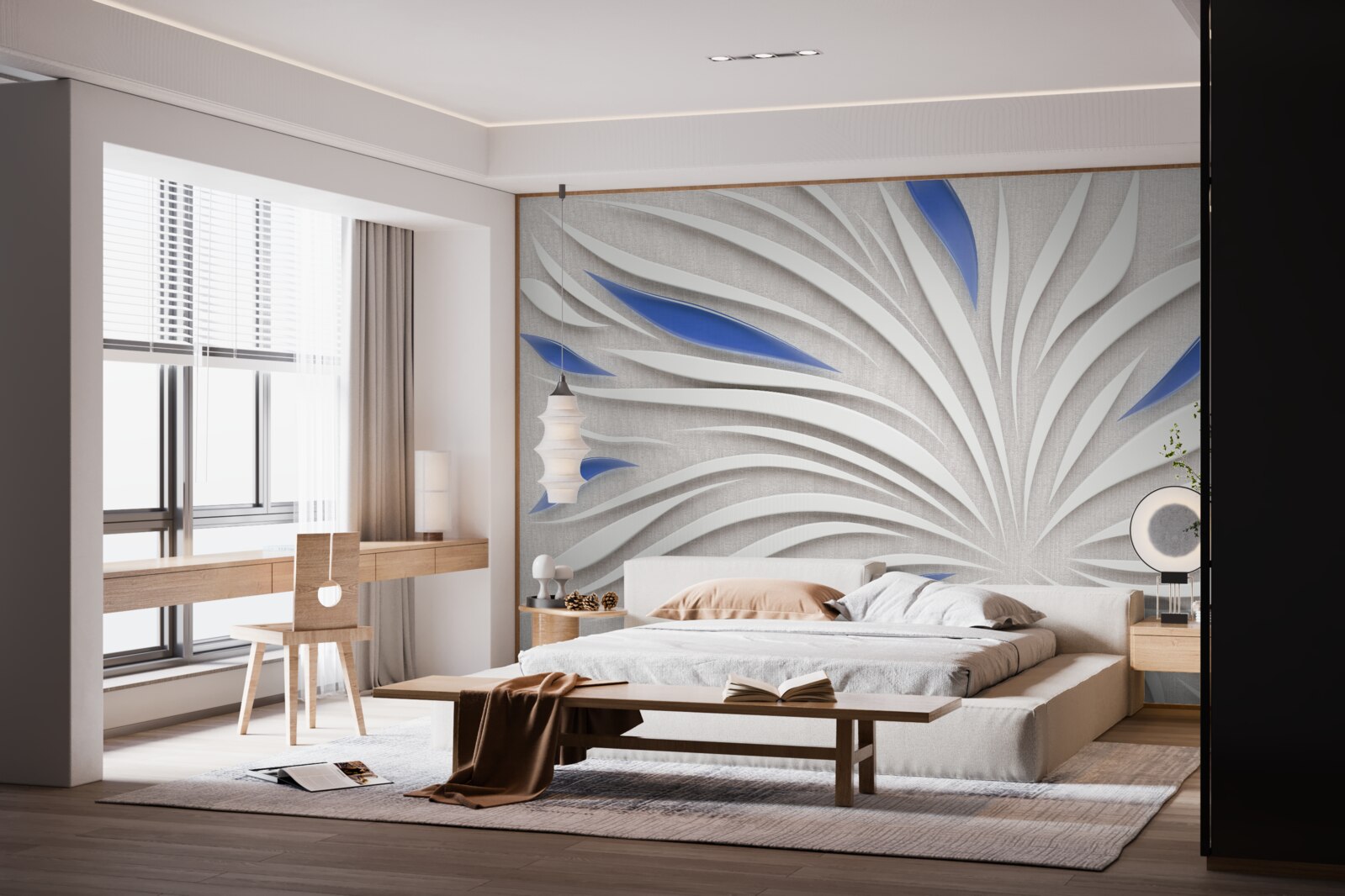 Papier peint fleur blanche abstraite avec pétales bleus