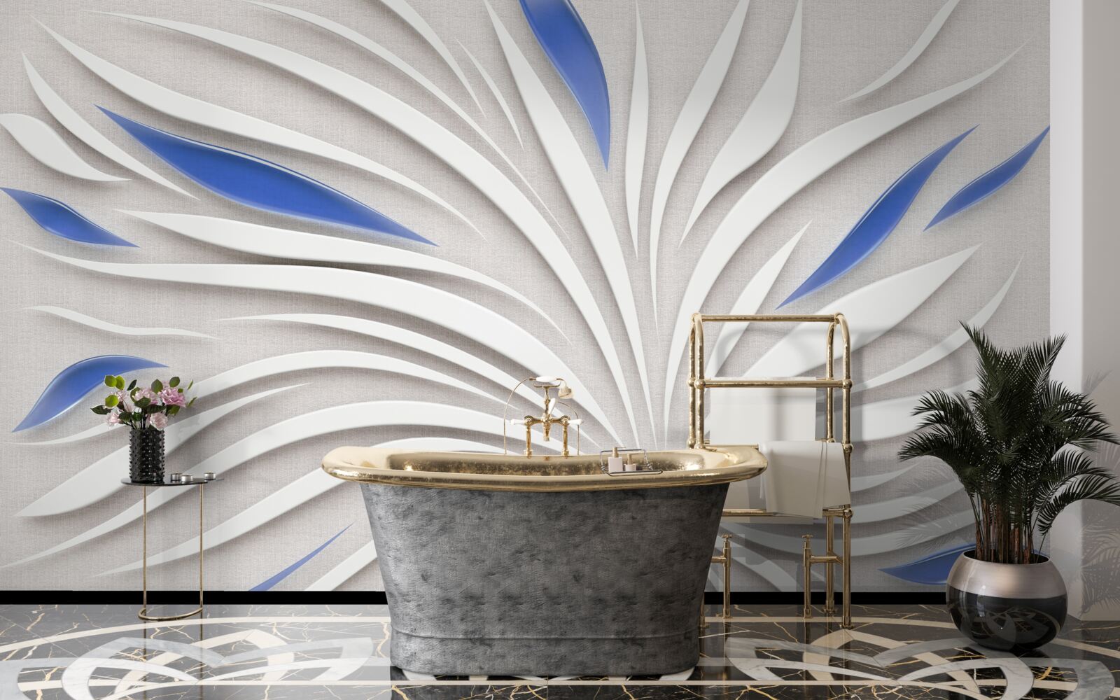 Papier peint fleur blanche abstraite avec pétales bleus